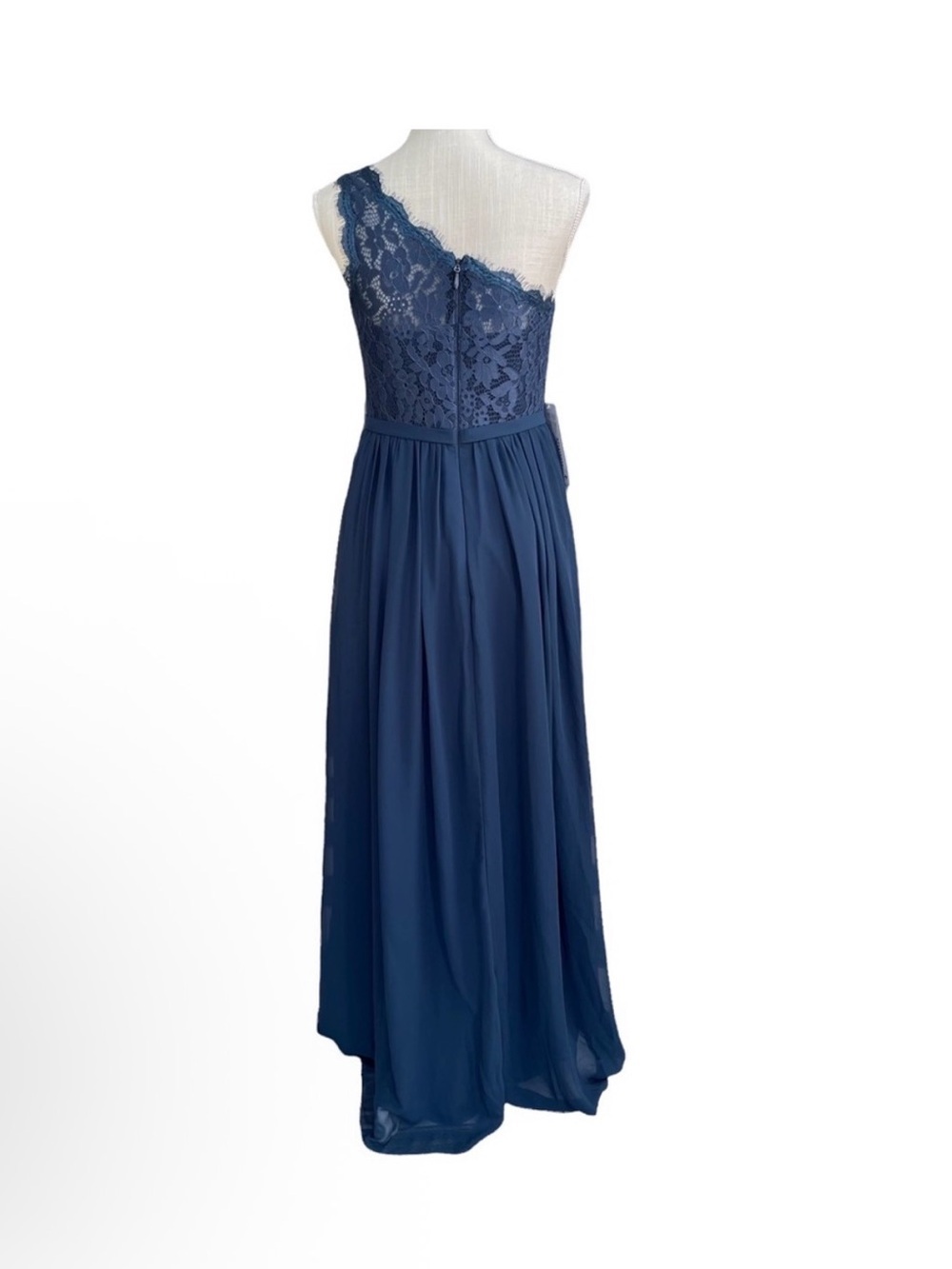 Azazie Demi navy One-Shoulder Lace & Chiffon A line Evening Dress w/ pockets - Picture 5 of 8